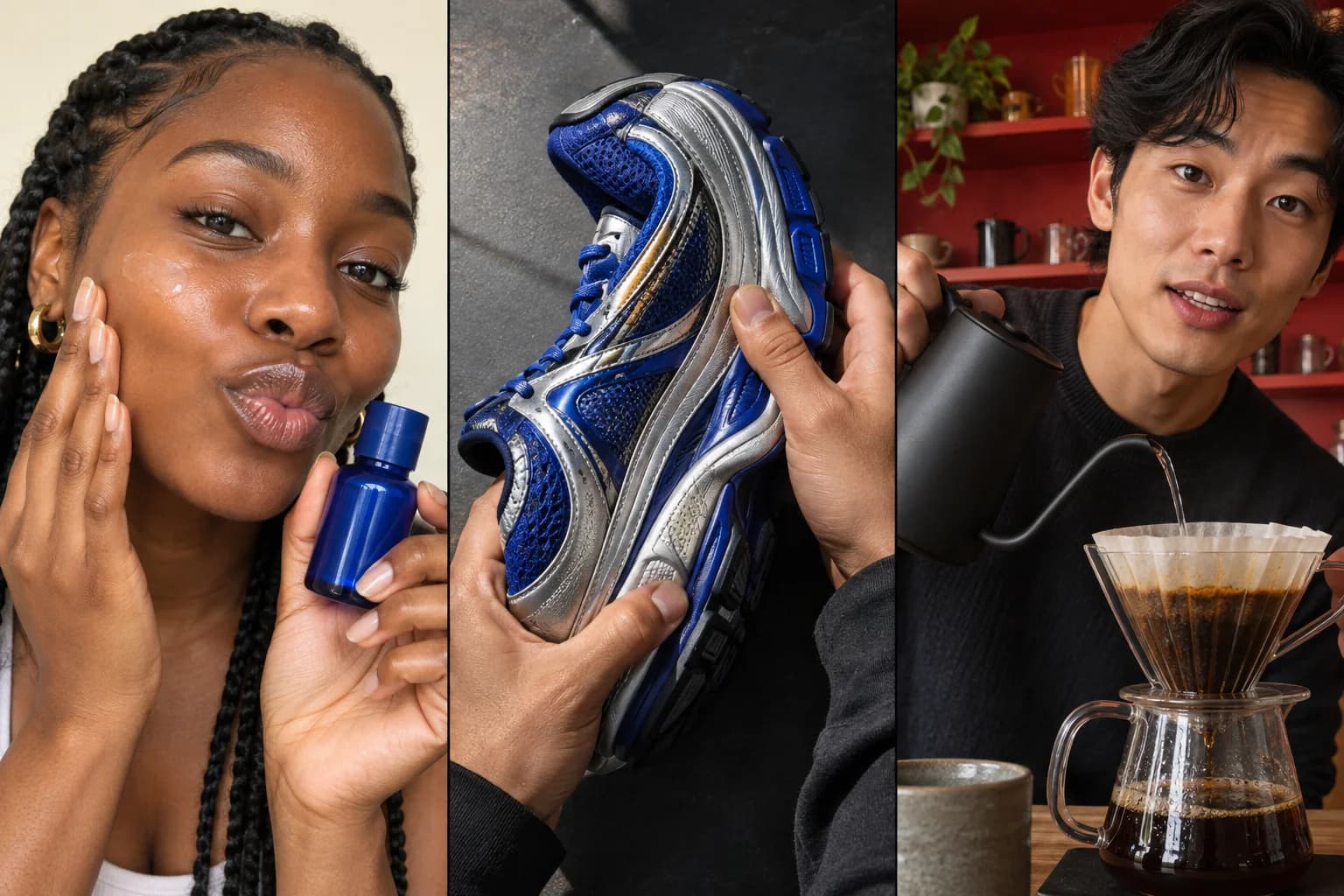 Product-focused creator content: skincare, running shoes, and coffee equipment